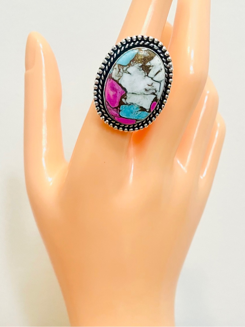 Kingman Cotton Candy Turquoise Large Oval Statement Ring Sterling Silver Plated